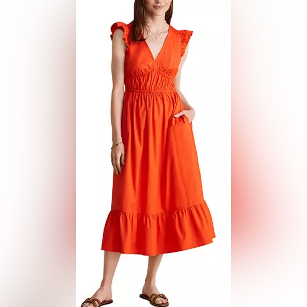 Vineyard Vines Orange Ruffle-Sleeve Midi Dress